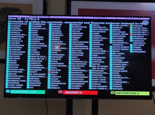 Asamblea General rechaza bloqueo a Cuba con 187 votos